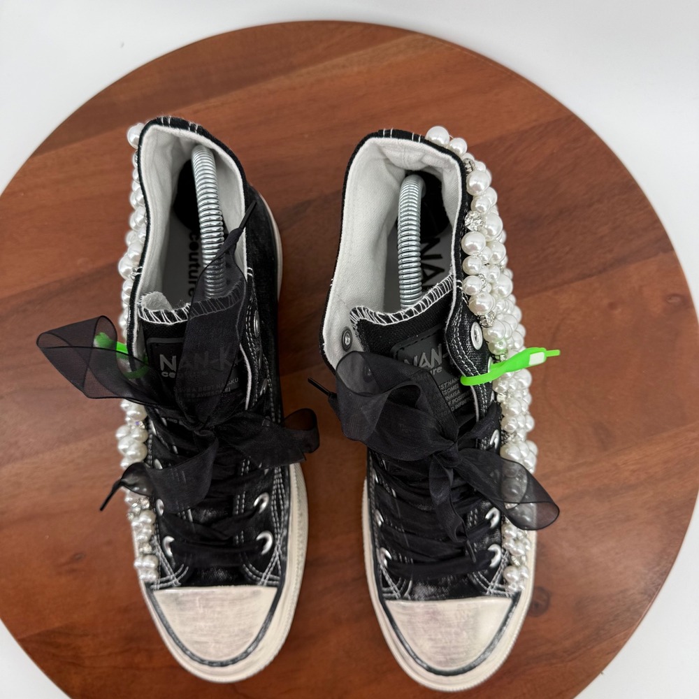 Nan-Ku Couture Pearl Rhinestone Embellished High Top Sneakers Black Womens 39 - Picture 7 of 12